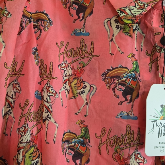 NWT Turquoise Haven Western Pink Howdy Blouse XL Puff Sleeves Bucking Bronco - Picture 11 of 12